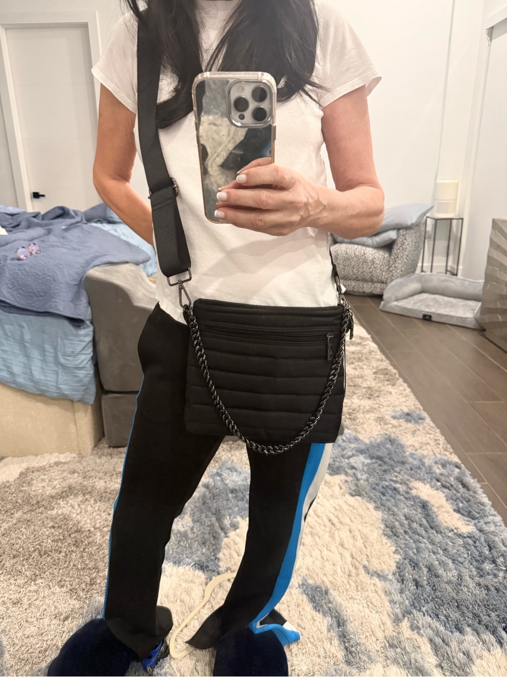 THINK ROYLN Black Quilted Crossbody with Chain and Wide Strap